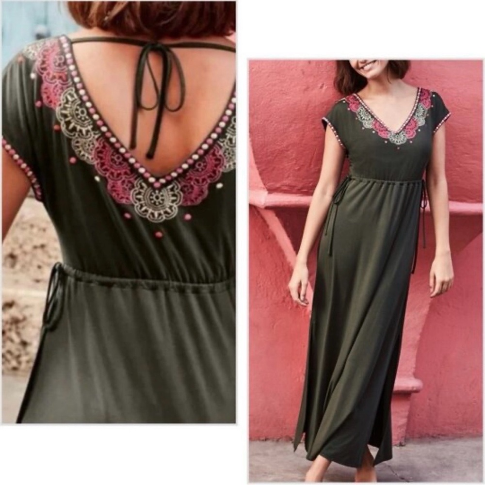 Boden Marcia Maxi Dress Olive Green Cap Sleeves Embroidered Boho SZ 8 NWOT